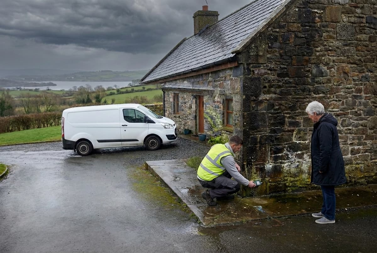 Water damage to exterior wall showing damp staining on Northern Ireland homes.