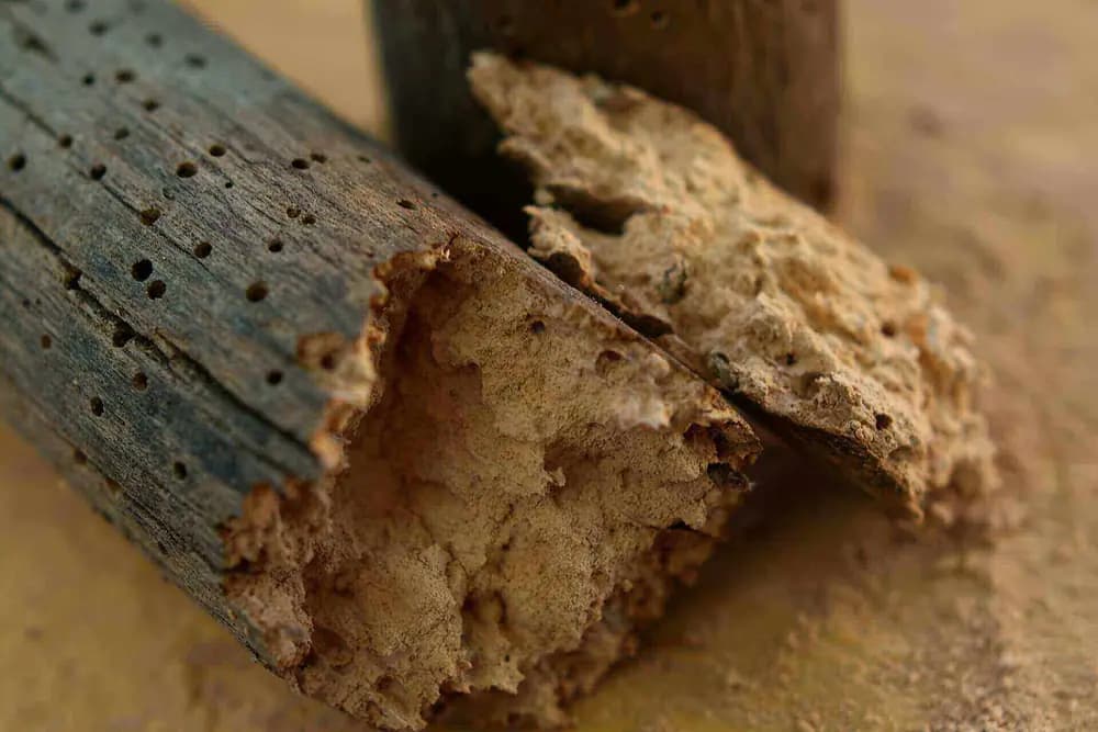 Timber showing woodworm exit holes and tunnelling